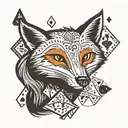 Small minimal fox sitting on a square background, accented by calligraphy brush strokes, with 4 large Aces playing cards tattoo design idea