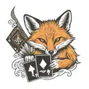 Small minimal fox sitting on a square background, accented by calligraphy brush strokes, with 4 large Aces playing cards tattoo design idea