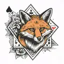 Small minimal fox sitting on a square background, accented by calligraphy brush strokes, with 4 large Aces playing cards tattoo design idea