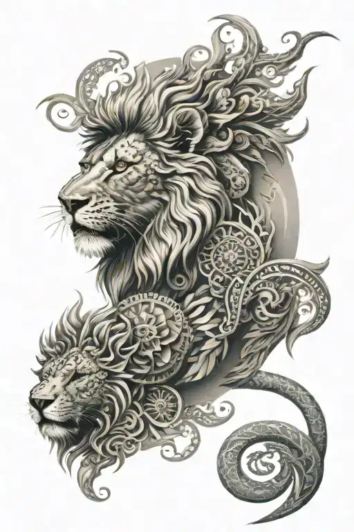 spiritual lion with fierce dragon with mandalas tattoo design idea