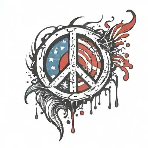 jagged peace sign with American flag inside with drop of blood falling tattoo design idea