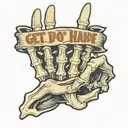 skeleton hand hangloose sign with the words get roudy dont die around it tattoo design idea