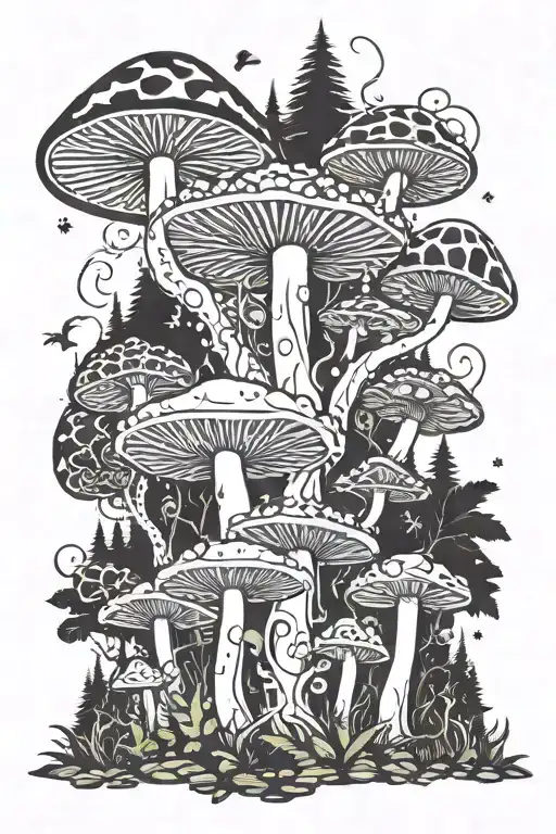 A psychedelic mushroom forest with intricate patterns inspired by sacred geometry tattoo design idea