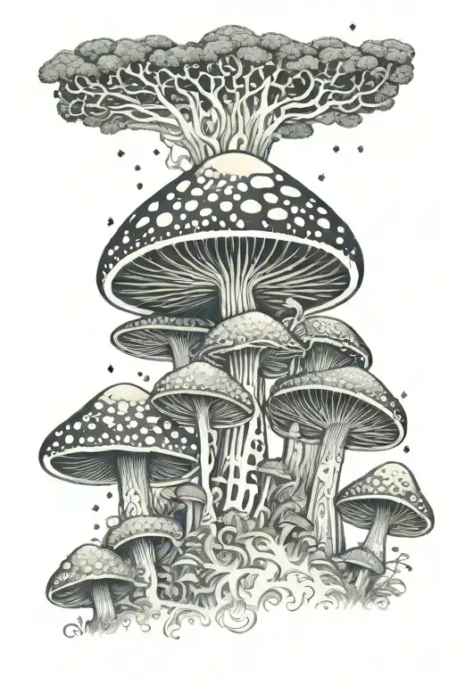A psychedelic mushroom forest with intricate patterns inspired by sacred geometry tattoo design idea