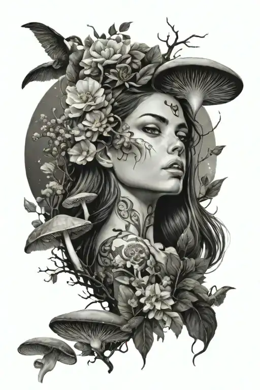 A beautiful woman surrounded by deadly flowers and mushrooms, with moon phases in the background tattoo design idea