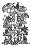 A psychedelic mushroom forest with intricate patterns inspired by sacred geometry tattoo design idea