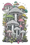 A psychedelic mushroom forest with intricate patterns inspired by sacred geometry tattoo design idea