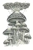 A psychedelic mushroom forest with intricate patterns inspired by sacred geometry tattoo design idea