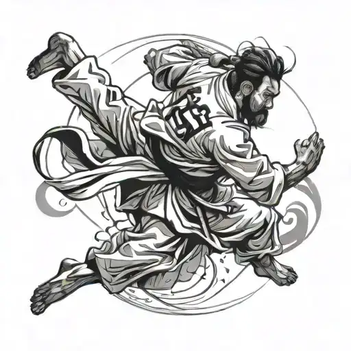 A dynamic tattoo design featuring a judo fighter executing a perfect throw, with intricate details and movement tattoo design idea