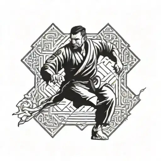 A dynamic tattoo design featuring a judo fighter executing a perfect throw, with intricate details and movement tattoo design idea
