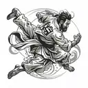 A dynamic tattoo design featuring a judo fighter executing a perfect throw, with intricate details and movement tattoo design idea