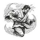 A dynamic tattoo design featuring a judo fighter executing a perfect throw, with intricate details and movement tattoo design idea