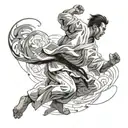 A dynamic tattoo design featuring a judo fighter executing a perfect throw, with intricate details and movement tattoo design idea