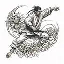 A dynamic tattoo design featuring a judo fighter executing a perfect throw, with intricate details and movement tattoo design idea