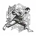 A dynamic tattoo design featuring a judo fighter executing a perfect throw, with intricate details and movement tattoo design idea