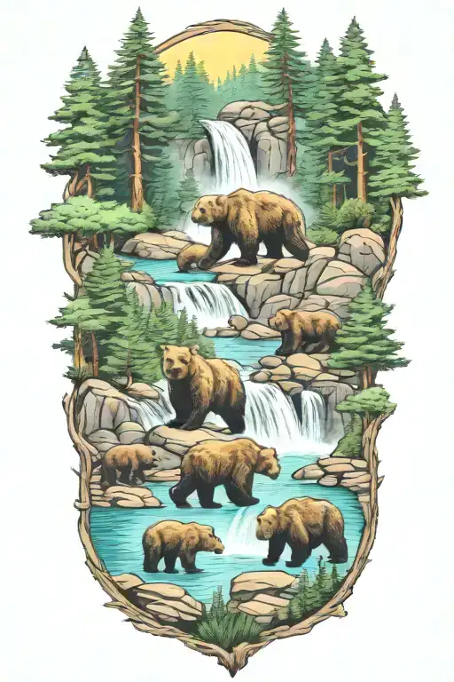 waterfall , pine trees and four bears in color  tattoo design idea