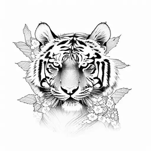 A fierce tiger standing atop a mountain, surrounded by cherry blossom trees tattoo design idea