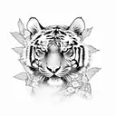 A fierce tiger standing atop a mountain, surrounded by cherry blossom trees tattoo design idea