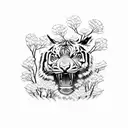 A fierce tiger standing atop a mountain, surrounded by cherry blossom trees tattoo design idea