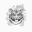 A fierce tiger standing atop a mountain, surrounded by cherry blossom trees tattoo design idea