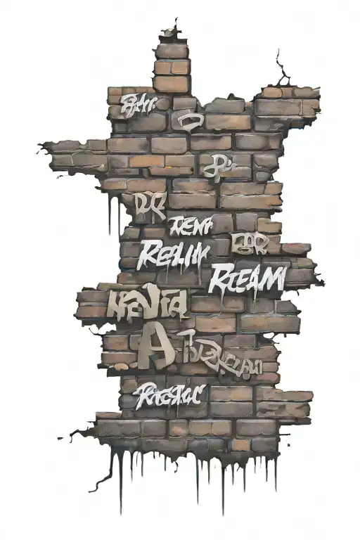 realistic brick wall background covered in graffiti words tattoo design idea