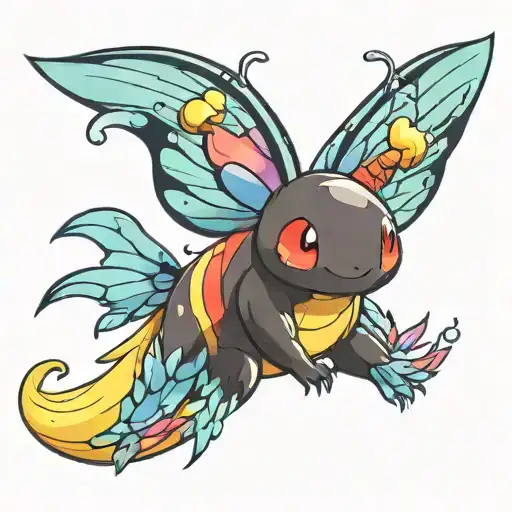 pokemon butterfly flying, butterfree flying, cyndaquil holding a rainbow wing tattoo design idea