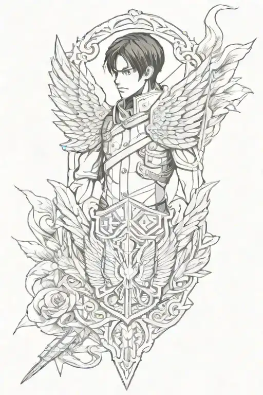 Attack on titan anime graphics bw attack titan and levi ackerman with the coat of arms of the survey corps tattoo design idea
