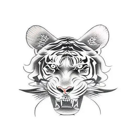Tattoo design showing violent imagery of a tiger devouring a human head In japanese style tattoo design idea