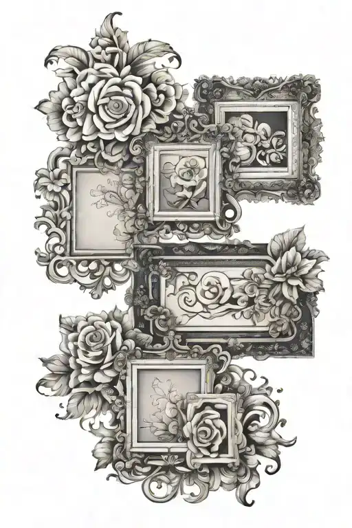 antique picture frames, abstract swirls, flowers tattoo design idea