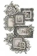 antique picture frames, abstract swirls, flowers tattoo design idea