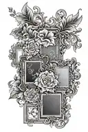 antique picture frames, abstract swirls, flowers tattoo design idea