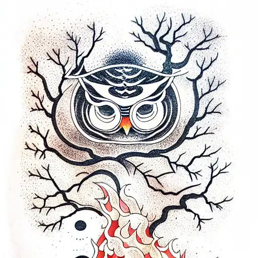 The forest that burns, stars and the moon in the sky,symbolizing a blind owl tattoo design idea