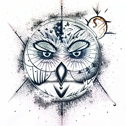 The forest that burns, stars and the moon in the sky,symbolizing a blind owl tattoo design idea