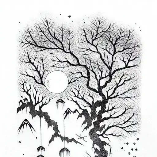 The forest that burns, stars and the moon in the sky, and this whole picture sym tattoo design idea