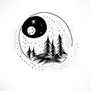 The forest that burns, stars and the moon in the sky,symbolizing a blind owl tattoo design idea