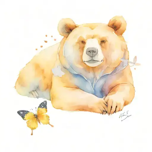 a bear sitting down with a butterfly on its finger tattoo design idea
