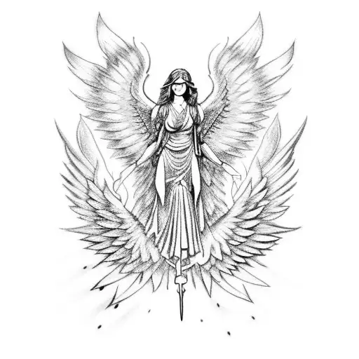 An angelic creature with wings made of fire and a sword in hand tattoo design idea