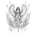 An angelic creature with wings made of fire and a sword in hand tattoo design idea