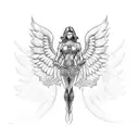An angelic creature with wings made of fire and a sword in hand tattoo design idea