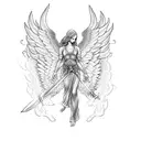 An angelic creature with wings made of fire and a sword in hand tattoo design idea