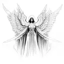 An angelic creature with wings made of fire and a sword in hand tattoo design idea
