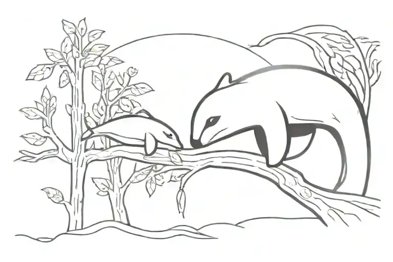 in a river there is an orca who looking at a koala bear on a tree  tattoo design idea