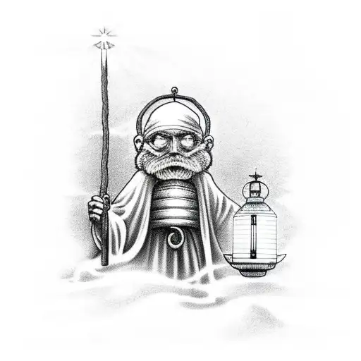  hermit holding lantern leading way to stairway to heaven tattoo design idea