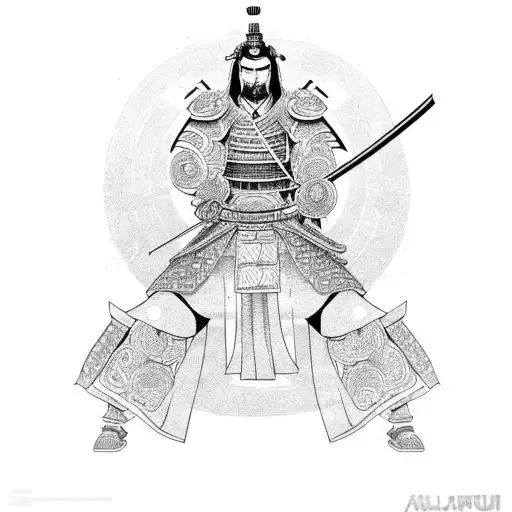 A samurai warrior engaged in a fierce battle, with intricate Japanese-style armor and weapons tattoo design idea