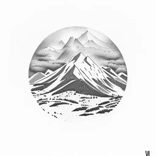 A majestic Rocky Mountain landscape with detailed silhouettes, transitioning into Colorado prairies below, all under a v tattoo design idea