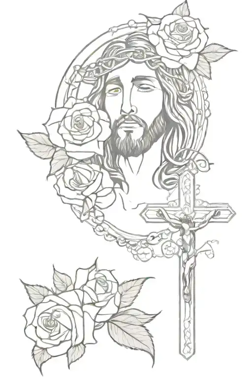 rosary, Jesus on a cross, roses tattoo design idea