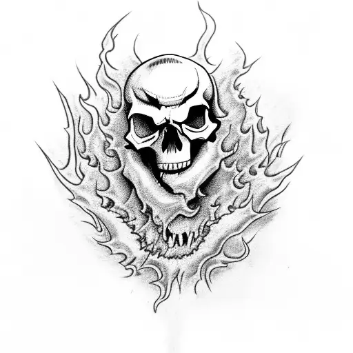 A skull with razor blades for teeth surrounded by flames tattoo design idea