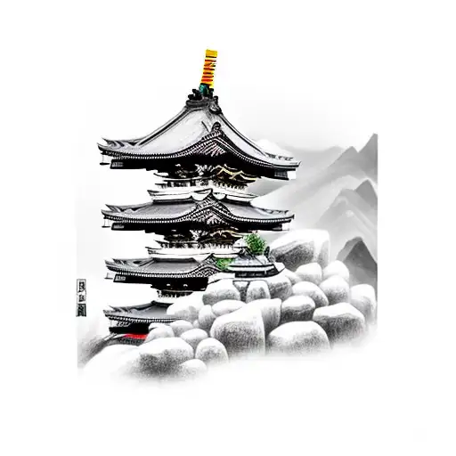 samurai on moutain standing infront of a temple tattoo design idea