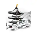 samurai on moutain standing infront of a temple tattoo design idea