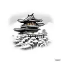 samurai on moutain standing infront of a temple tattoo design idea